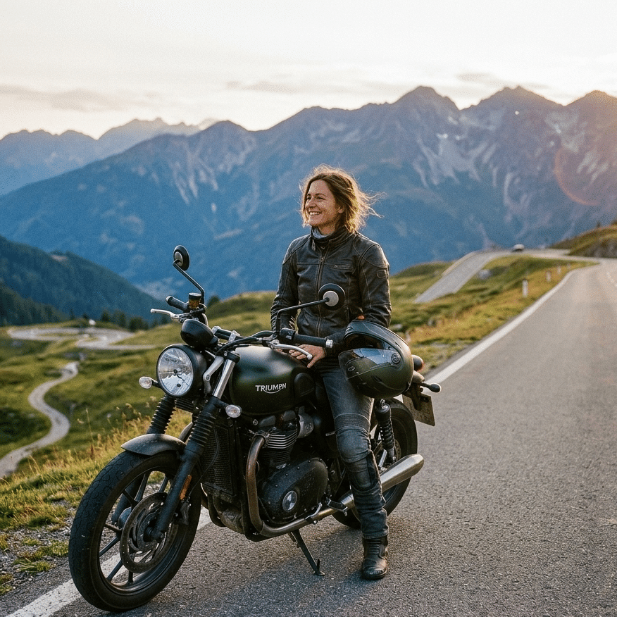 Schwarzes Motorrad mit Bergen im Hintergrund