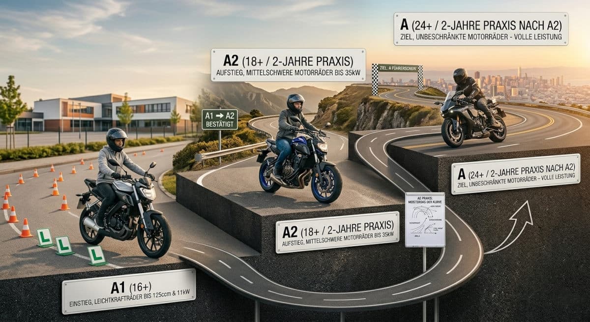 Grafik über den Motorrad Aufstieg des Führerscheins A1 - A2 -A